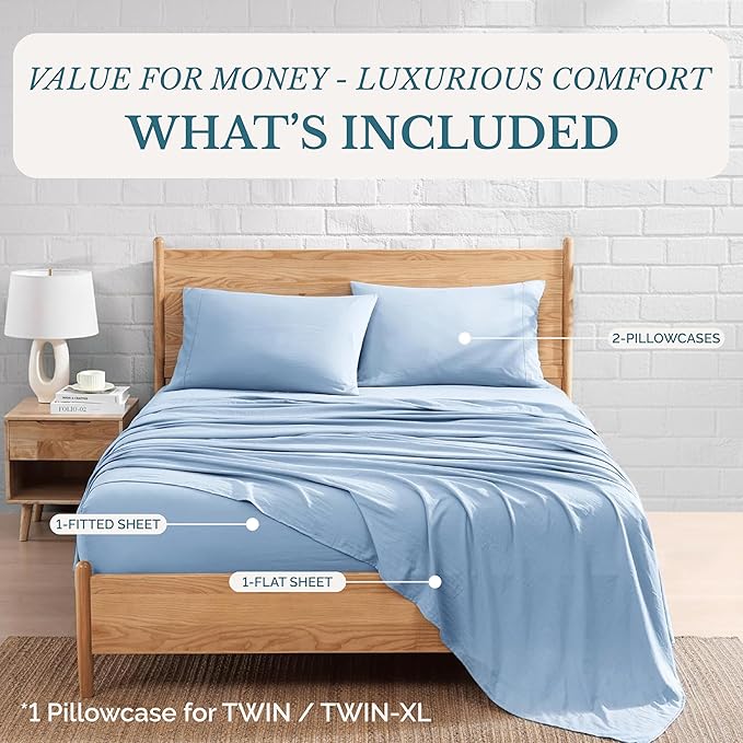 Casa Platino Queen Bed Sheets Set, Soft & Breathable Bedding for Queen Size Mattress, 4 Piece Set with Deep Pockets, Lightweight Microfiber, Pre-Washed & Durable, Cooling Sheet Set – French Blue