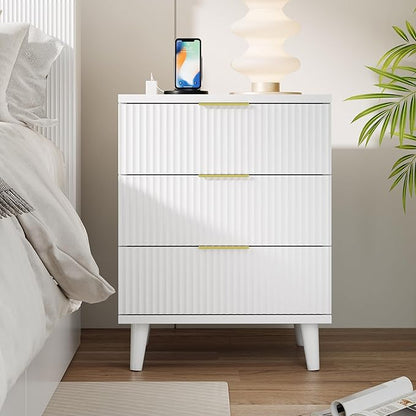 Fluted White Nightstand with USB Charging Station, 3-Drawer Dresser Wood Modern Night Stand Bedside Table with Quiet Drawers & Large Storage End Table for Bedroom