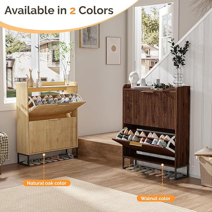 VINGLI Fluted Shoe Cabinet Storage for Entryway,Hidden Shoes Storage Cabinet with 2 Flip Drawers, Mid Century Modern Shoe Rack Organizer,Free Standing Shoes Organizer for Hallway(Dark Walnut)