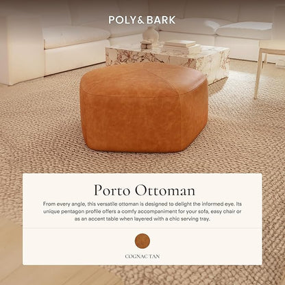 POLY & BARK Porto Ottoman – 37" Pentagon Pouf with Feather-Down Topper – Full-Grain Leather Upholstered Pouf Ottoman for Living Room – Vintage Italian Leather in Cognac Tan