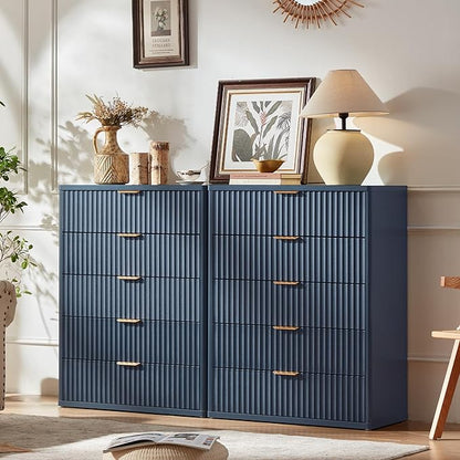 LEYAOYAO Fluted 5 Drawers Dresser Set of 2, 41" Tall Modern Chest of Drawers with Metal Handle, Curved Profile Dresser TV Stand, Wooden Drawer Organizer for Bedroom, Living Room, Hallway, Lightgrey