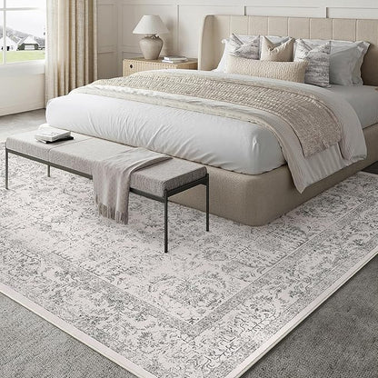 Gray Area Rug 6x9 Machine Washable Vintage Living Room Distressed Non Slip Carpet Traditional Indoor Bedroom Grey Retro Floral Accent Throw Large Rug for Office Kitchen Dining Room