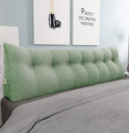 homecozy Wedge Headboard Pillow Dorm Room Reading Pillow Back Support for Sitting Up in Bed Bolster Lumbar Cushion Body Positioning Bedrest Cotton Linen 76in Grass Green King