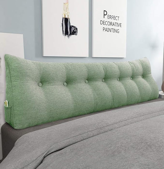 homecozy Wedge Headboard Pillow Dorm Room Reading Pillow Back Support for Sitting Up in Bed Bolster Lumbar Cushion Body Positioning Bedrest Cotton Linen 76in Grass Green King