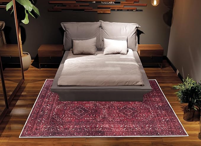 Bloom Rugs Washable Non-Slip 2' x 3' Rug - Dark Red Traditional Bordered Area Rug for Living Room, Bedroom, Dining Room, and Kitchen - Exact Size: 2' x 3'