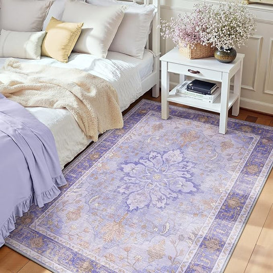 Area Rugs 3'x5' Washable Non-Slip, Floral Vintage Distress Print Pattern Medallion Carpet for Living Room Bedroom Dining Room, Light Purple Brown