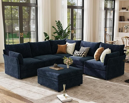 ABCASA 103.5" Oversized Modular Sectional Sofa, L Shaped Convertible Couch with Movable Ottoman, Large 6 Seat Corner Couches for Living Room Deep Seat- Blue Chenille