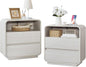 White Nightstand Set of 2 with Charging Station, 23.2" Wide Wood Bedside Table, Modern End Table with 2 Storage Drawers, Curved Profile, Handleless, Mid Century Night Stand for Bedroom
