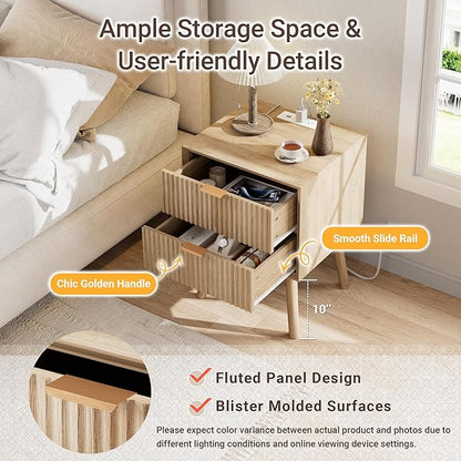Fluted Nightstand, Night Stand Set 2, Modern Nightstands Set of 2 with Beveled Edge & Solid Wood Legs, 2 Drawer End Table with Charging Station, Wooden Bedside Table for Bedroom,Natural Oak