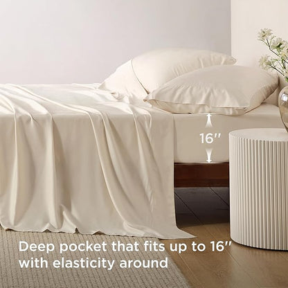 Bedsure Full Size Bed Sheets, Cooling Sheets, Rayon Derived from Bamboo, Breathable & Soft, Deep Pocket Up to 16 Inches, Hotel Luxury Silky Bedding for Hot Sleepers, Light Beige