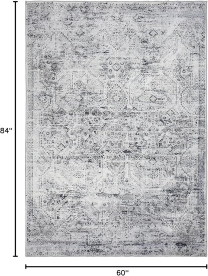 Area Rug 5×7, Vintage Boho Rug,Ultra-Soft Low Pile, Washable, Non Slip,Stain Resistant Printed Carpet for Living Room Bedrooms Playroom Office Kitchen, Classic Grey.