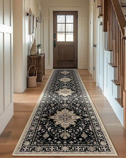 Area Rugs 2'x10' Washable Non-Slip, Floral Vintage Distress Print Pattern Medallion Carpet for Living Room Bedroom Dining Room, Black Brown Neutral Dark Tan