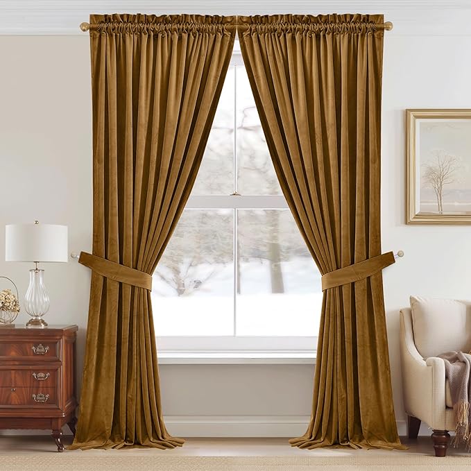 StangH 120 inches Curtains Gold Brown Blackout Velvet Drapes for Bedroom, Retro Thermal Insulated Light Blocking Window Curtains for Living Dining Room, W52 x L120, 2 Panels