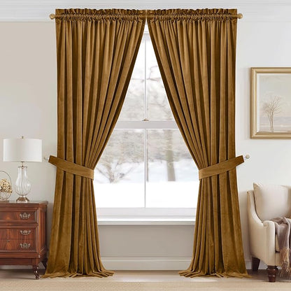 StangH Gold Brown Velvet Curtains 96 inches for Living Room, Room Darkening Thermal Insulated Privacy Drapes for Sliding Door, Vintage Wall Backdrop for Holiday, W52 x L96, 2 Panels