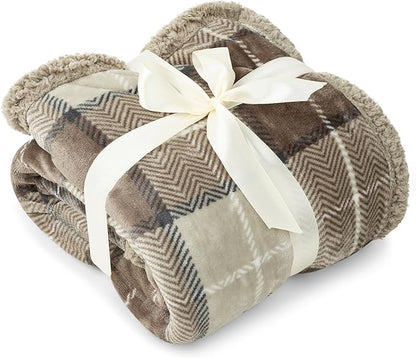 Pavilia Taupe Plaid Sherpa Throw Blanket - Plus Plush Flannel Fleece Blanket - Warm Cabin Sofa Bed Winter Throws 50x60