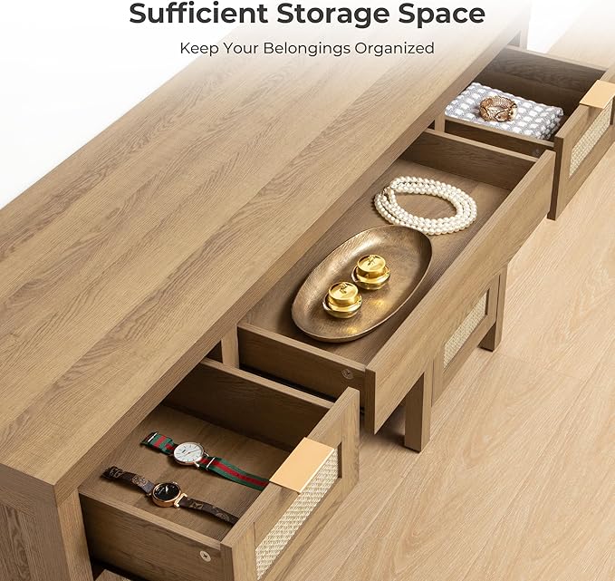 SICOTAS Rattan Vanity Home Office Desk - 52" Large Farmhouse Boho Makeup Vanity Dressing Table with 3 Drawers & 2 Storage Cabinets, Vanities Desk for Makeup Room,Bedroom, Home Office, Oak