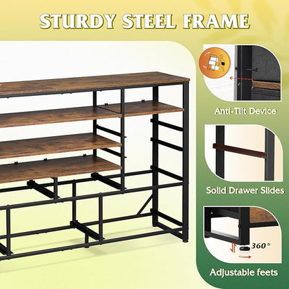 WLIVE TV Stand for 55, 60, 65 inch TV, Entertainment Center with LED Lights & Charging Station, TV Media Console Table with 15 Fabric Drawers and Open Shelves for Living Room, Hallway, Rustic Brown