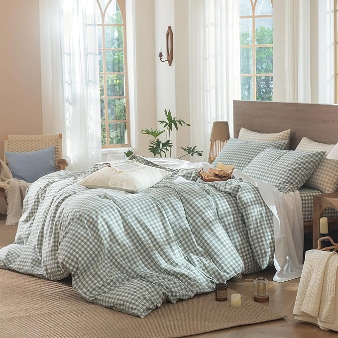 MooMee Gingham Duvet Cover Set 100% Washed Cotton Linen Like Textured Breathable Durable Soft Comfy Modern Checkered Design (Sage Green Gingham, Super King 108"x98")