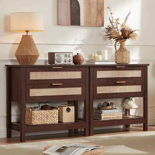 LEYAOYAO 31.5" Wide Rattan Night Stand, Large Boho Nightstand, Bedside Table with Storage, Tall Bed Side End Tables, Chest of Drawers for Bedroom, Living Room, Hallway（Walnut,2 Drawers,2）