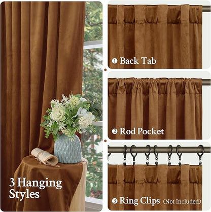 LAMIT Bronze Brown Velvet Curtains for Living Room 108 Inches Long, Mid Century Thermal Blackout Curtains Room Darkening Back Tab and Rod Pocket Panels for French Country, 2 Panels, 52 x 108 Inch