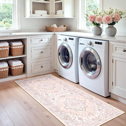 Area Rugs 2'x6' Washable Non-Slip, Floral Vintage Distress Print Pattern Medallion Carpet for Living Room Bedroom Dining Room, Pink Greypink Cute