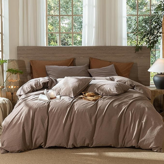 MooMee Wavy Striped Duvet Cover Set 100% Washed Cotton Linen Like Textured Breathable Durable Soft Comfy (Brown, Palatial King/Oversized King 120"x98")