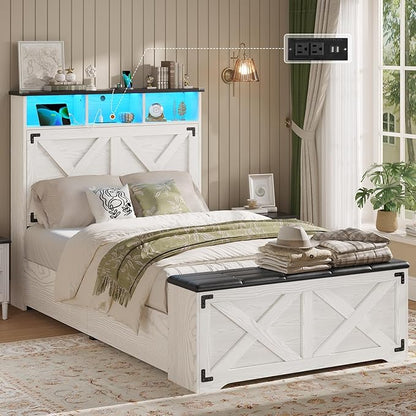 Hasuit Farmhouse Bed Frame Twin Size with Storage Headboard, Charging Station and LED Light, Wooden Twin Bed Frame with Storage Ottoman, Barn Door Design, No Box Spring Needed, No Noise (Walnut White)