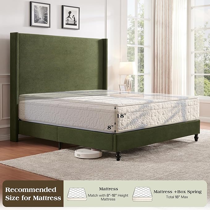 Queen Bed Frame with 63" Tall Headboard, Horizontal Fine Corduroy Bed Frame with Wingback, Upholstered Platform Bed, Vintage Solid Wood Gourd Legs, No Box Spring Needed, Green