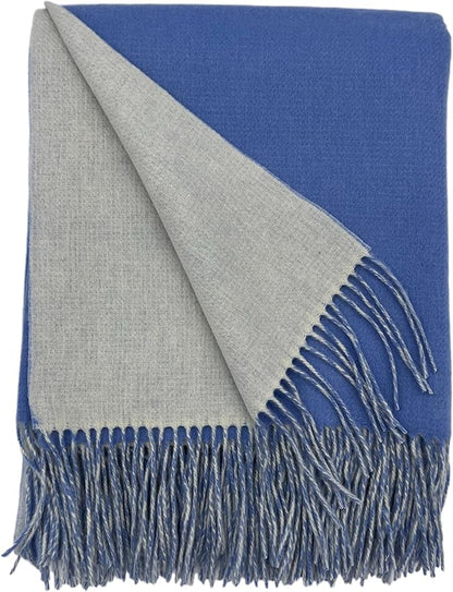 Alashan Cashmere Blend Double Faced Throw-Super Soft and Luxe Fabric- Perfect for Cozy Nights! 95% Merino Wool/5% Cashmere, 50" x 70", Great Gift Item. (Highlands Blue & White)