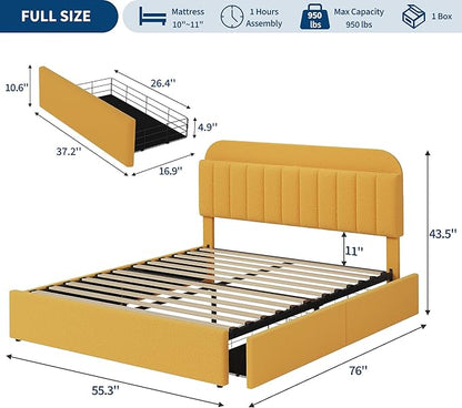 Jojoka Full Bed Frame with Storage Headboard and 2 Drawers, Boucle Upholstered Platform Bed, Modern Kids Full Bed Frames for Small Rooms, No Box Spring Needed, Easy Assembly, Yellow