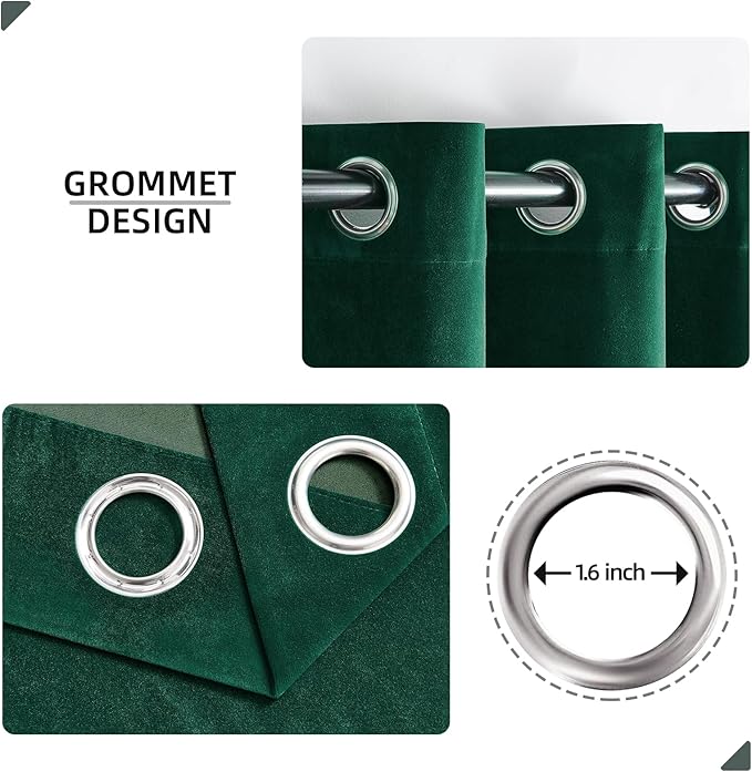 Joydeco Dark Green Velvet Curtains 90 Inches Long, Luxury Grommet Blackout Curtain 2 Panels, Thermal Insulated Privacy Room Darkening Window Drapes for Bedroom Living Room Home Theatre (52Wx90L)