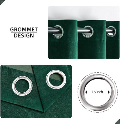 Joydeco Dark Green Velvet Curtains 90 Inches Long, Luxury Grommet Blackout Curtain 2 Panels, Thermal Insulated Privacy Room Darkening Window Drapes for Bedroom Living Room Home Theatre (52Wx90L)