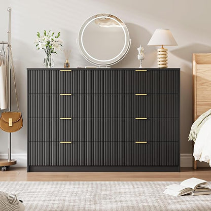 Dresser for Bedroom, 8 Drawer Double Dresser, Modern Chest of Drawers for Bedroom, Living Room, Entryway and Closet, 55" L x 15.7" D x 37.4" H, Black