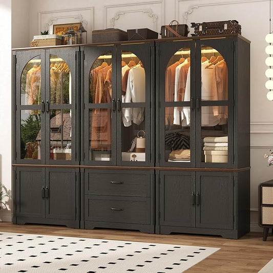 Tall Farmhouse 6 Doors Armoire Wardrobe Closet with LED ,72" Freestanding Arched Wardrobe Closet Cabinet for Bedroom w Glass Doors/Drawers,Wooden Clothing Storage Cabinet,Closets for Bedroom(Black)