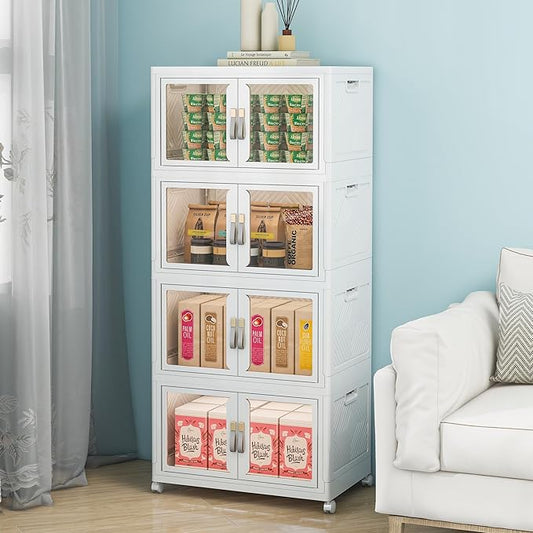 Large Clear Stackable Storage Bins with Lids, 180QT-45QT*4Tier Foldable Cabinet for Closet Organizers, Plastic Storage Box with Wheels White