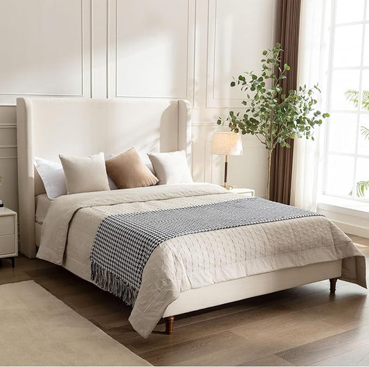 Harper Bed Frame with 54" Extra-Tall Headboard - Modern Wingback Upholstered Platform Bed, Textured Boucle Fabric, 1000lbs Heavy Duty Support, No Box Spring Needed(Ivory, King U.S. Standard)