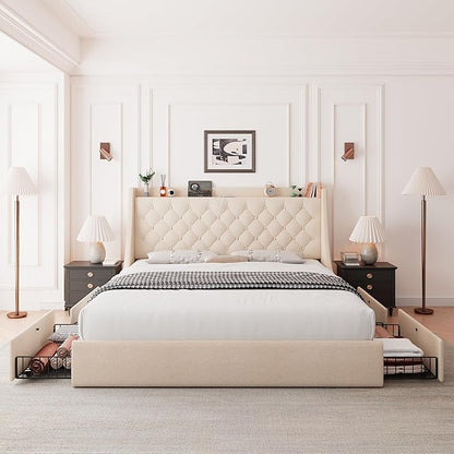 Feonase Upholstered Full Size Bed Frame with 4 Storage Drawers, Charging Station and Tufted Wingback Storage Headboard, No Box Spring Needed, Easy Assembly, Beige