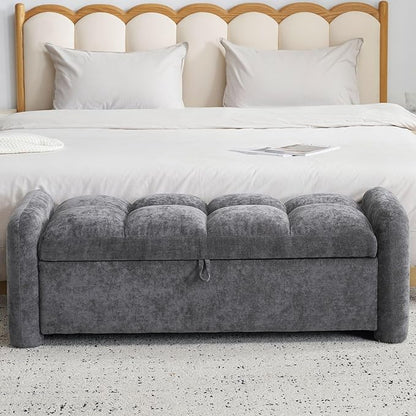Oversized Chenille Ottoman Bench with Storage, Upholstered End of Bed Bench for Bedroom, Ottoman Foot Rest for Living Room, Dark Grey