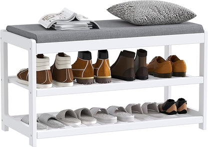 Shoe Bench Entryway, 100% Solid Solid Wood Shoe Rack Bench with Storage and Cushion Padded Seat, 3-Tier Shoe Organizer for Hallway Living Room, Mudrooms, White