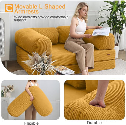 COMAX Folding Sofa Bed, 4-in-1 Convertible Foldable Floor Couch Futon Sofa with Armrests, Sleeper Mattress Fold Out Chair Bed Comfy Portable Lounge Guest for Living Room Bedroom, Yellow