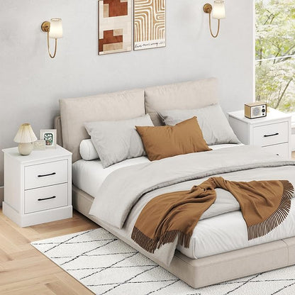 Giantex Modern Nightstand, Wood Bedside Table with 2 Storage Drawers, Compact Floor Night Stand End Table, White Accent Sofa Side Table for Bedroom