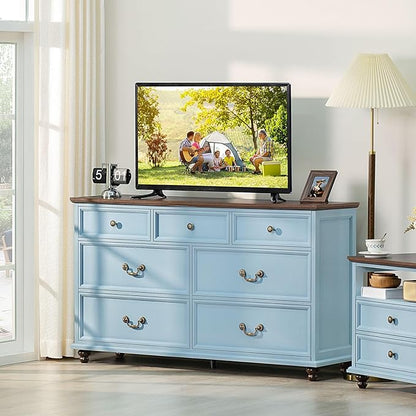 Farmhouse Furniture Set, Nightstands Set of 2 and 7 Drawers Dresser for Bedroom, 54 Inch Wide Wood Dresser and 24" Night Stands with Charging Station for Bedroom, Living Room, Hallway