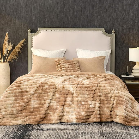 Cozy Bliss Faux Fur Throw Blanket for Couch, Cozy Warm Plush Striped Blanket for Sofa Bedroom Living Room, 108 * 90 Inches Tie-dye Khaki
