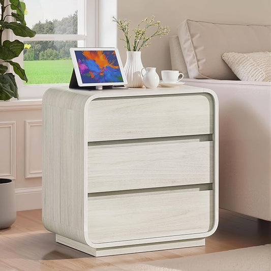 White Nightstand with Charging Station, 25" Tall Wood Bedside Table, Modern Curved End Table with 3 Storage Drawers Night Stand for Bedroom, Dorm, Sofa, Office