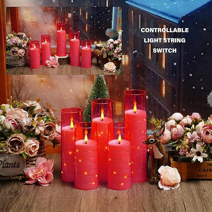 Flameless LED Candles with Timer 5 Pc Flickering Flameless Candles for Romantic Ambiance and Home Decoration Stable Acrylic Shell,with Embedded Star String，Battery Operated Candles(Pink)