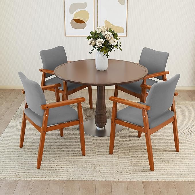 thksbought Set of 2 Mid Century Modern Walnut Dining Chairs Wood Arm Grey Fabric Kitchen Cafe Living Room Decor Furniture