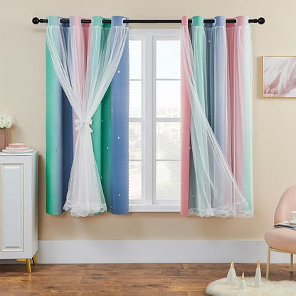 XiDi Curtains for Bedroom Decor, Rainbow Pinkgreen grey52/54
