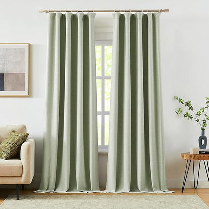 Vision Home Green Linen Full Blackout Curtains 108 inch for Bedroom Living Room Darkening Soundproof Window Panels 9FT Thermal Insulated Rod Pocket Back Tab Farmhouse Drapes 56" Wx108 Lx2