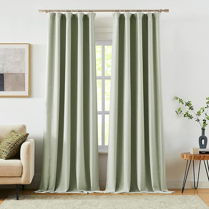 Vision Home Green Linen Full Blackout Curtains for Bedroom Living Room Darkening Soundproof Window Curtains 112 inch Thermal Insulated Rod Pocket Back Tab Linen Drapes 2 Panels 56" Wx112 L