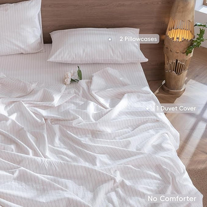 MooMee Striped Duvet Cover Set 100% Washed Cotton Linen Like Textured Breathable Durable Soft Comfy (White Heathered Greyish Pink Wide Stripes, Oversized Full 82"x86")